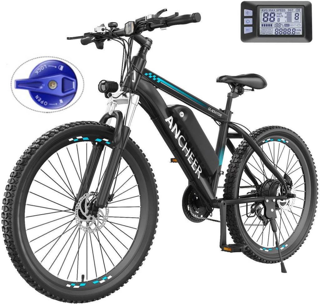 ANCHEER Electric Bike for Adults with 500W Motor[Peak 750W], 48V 499Wh Ebike, Up to 55 Miles, 3H Fast Charge, 26 Gladiator Electric Mountain Bike, LCD Display, 21Speed, 22MPH Adults Electric Bicycle