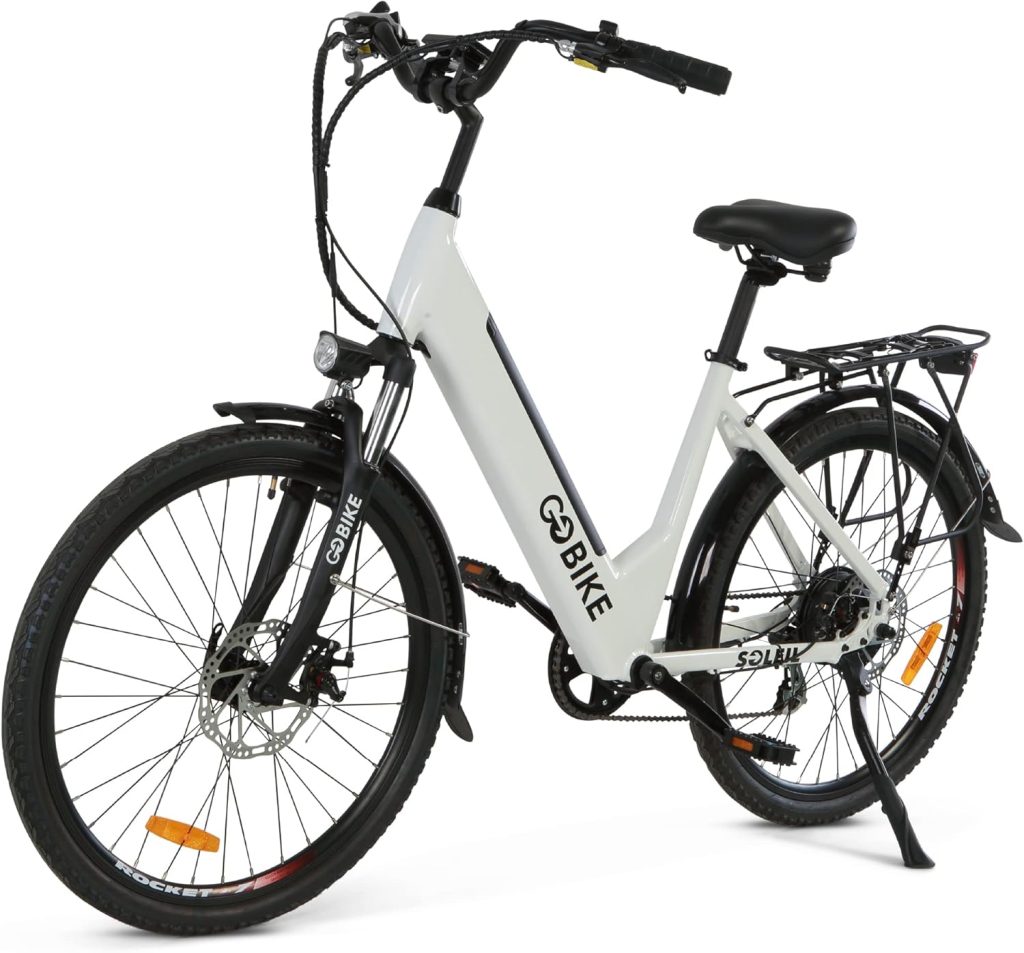 Soleil Lightweight Electric Motorized Bike, Step Through e-bike 7 speed Shimano, Pedal Assist, Thumb Throttle, City e-Bikes for Men, and Women 48V 500W Motor 30 mile Range for Adults, by GoBike